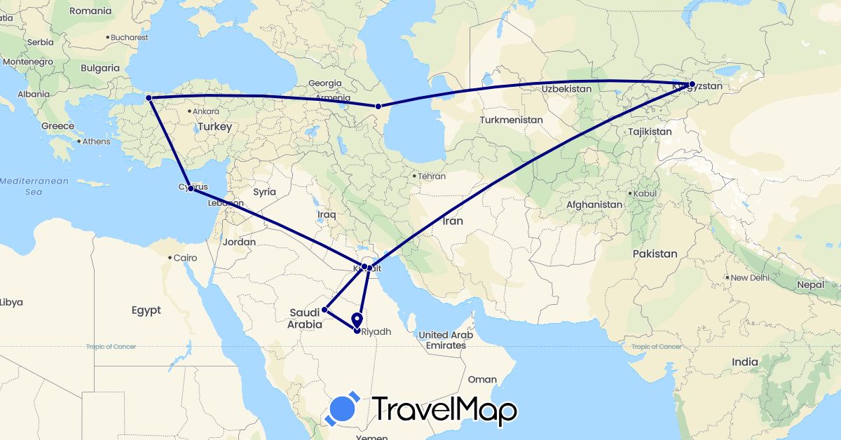 TravelMap itinerary: driving in Azerbaijan, Cyprus, Kyrgyzstan, Kuwait, Saudi Arabia, Turkey (Asia)